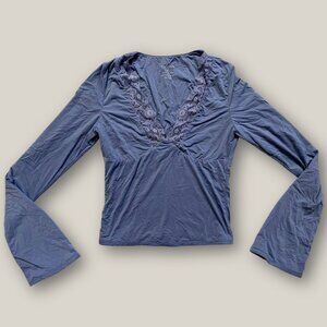 Reoria Blue Lace V-Neck Long Sleeve Top Women’s Size M Elegant Chic Blouse